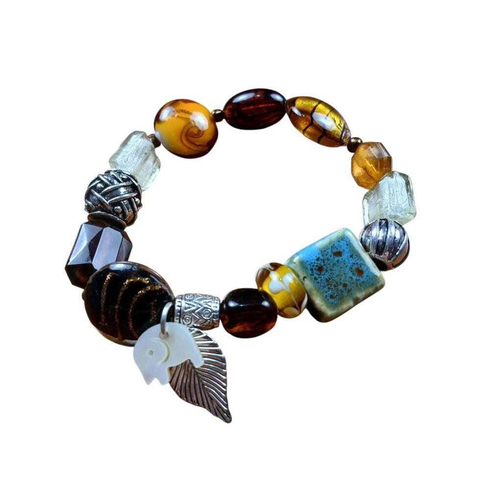 Boho Stretch Amber Glass Bead Elephant Bracelet